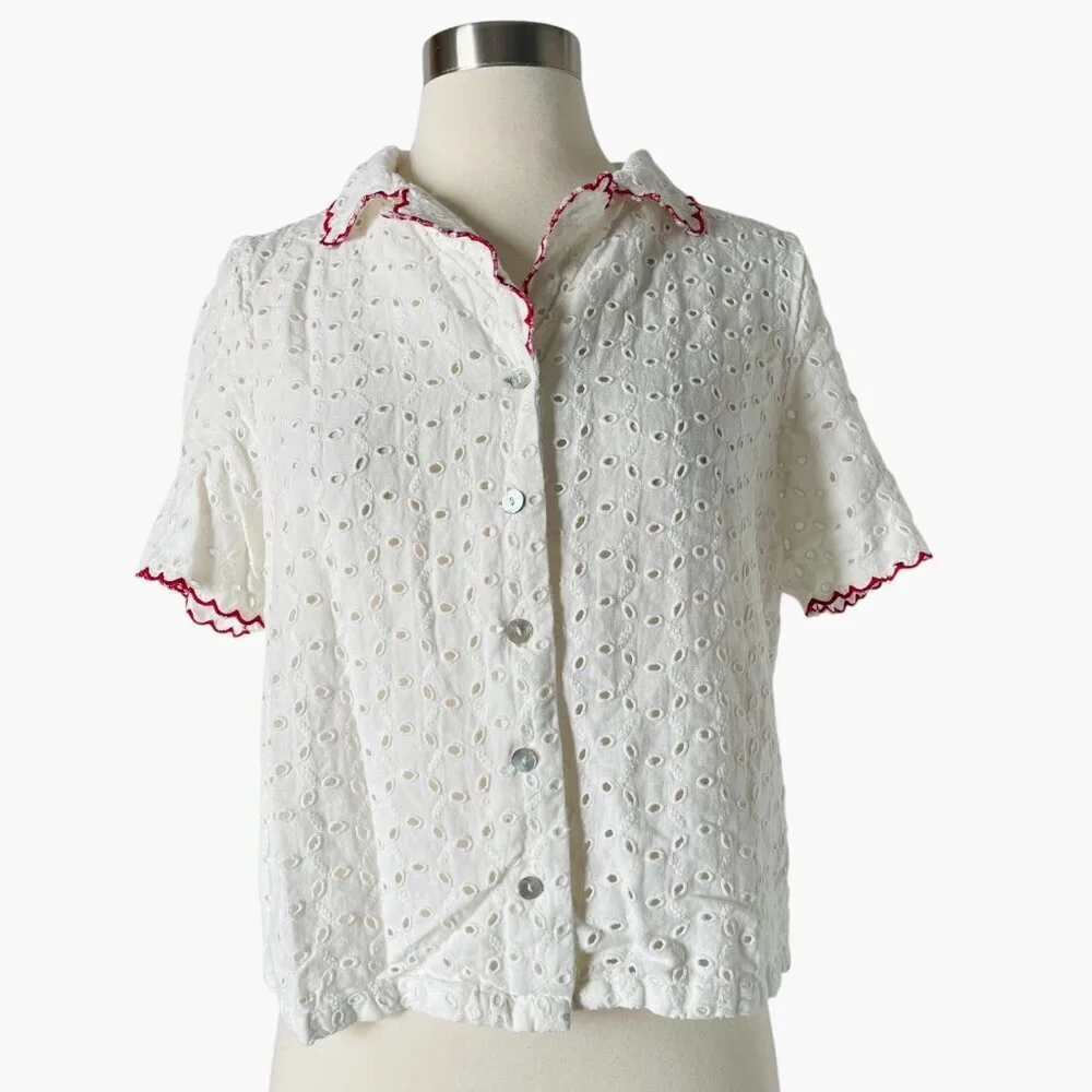 Rouje Paris Aneth White Eyelet Button Shirt Blouse Top - Picture 2 of 8